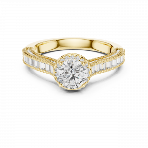 Round Solitaire Lab Grown Diamond Ring with Baguette Accents