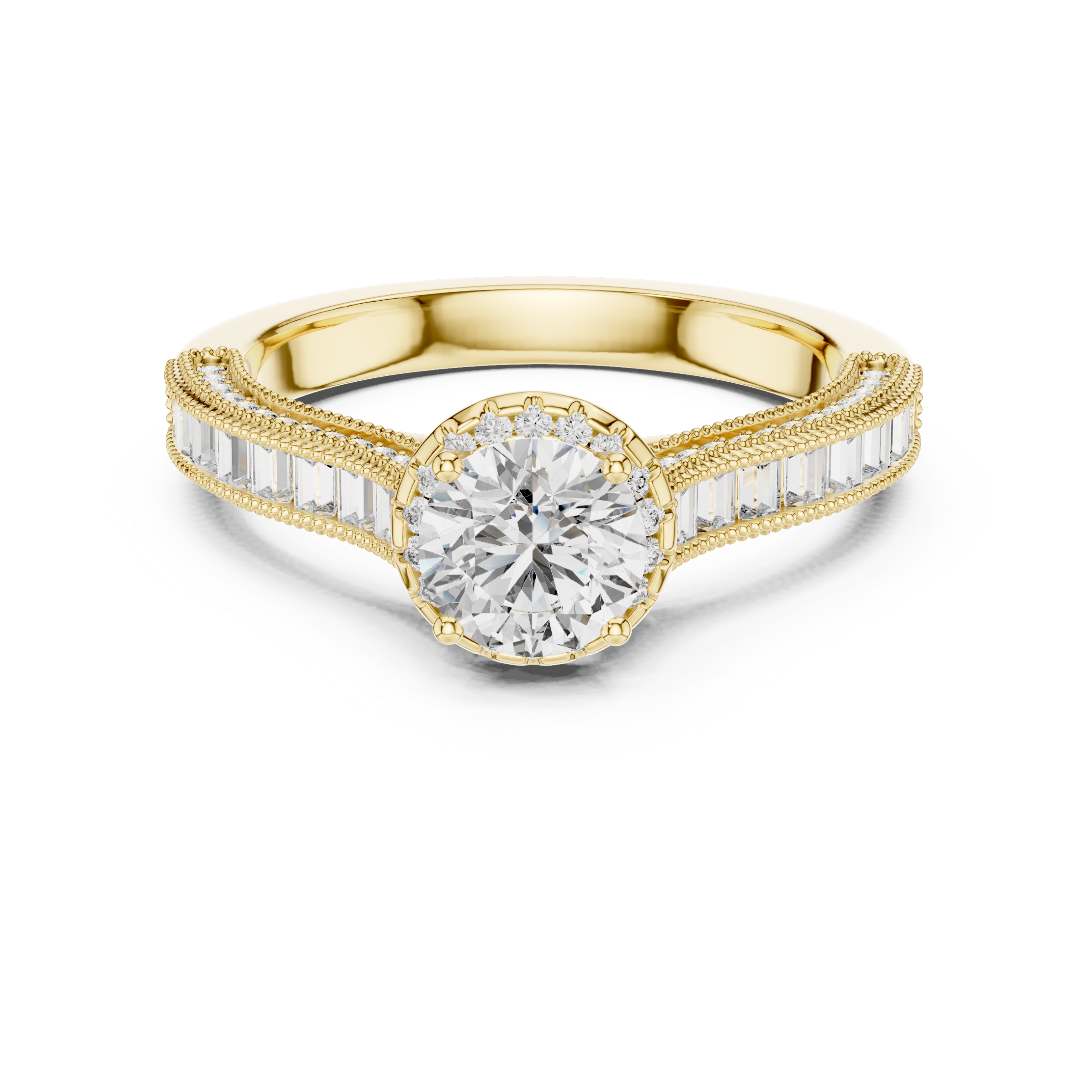 Round Solitaire Lab Grown Diamond Ring with Baguette Accents